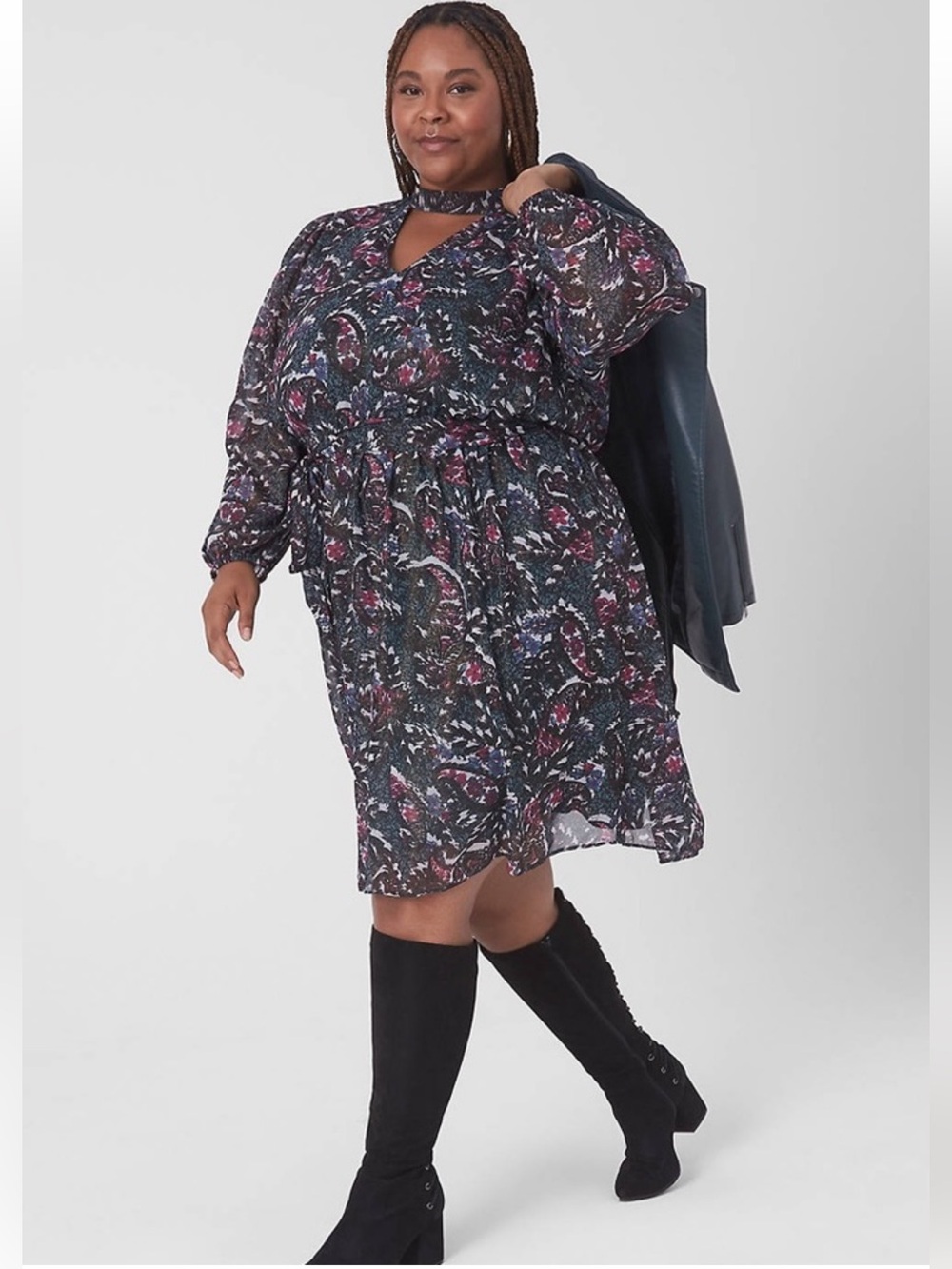 NWT Lane Bryant Cutout Mock-Neck Fit & Flare Dress‎ Size 16 Moody Dark Florals